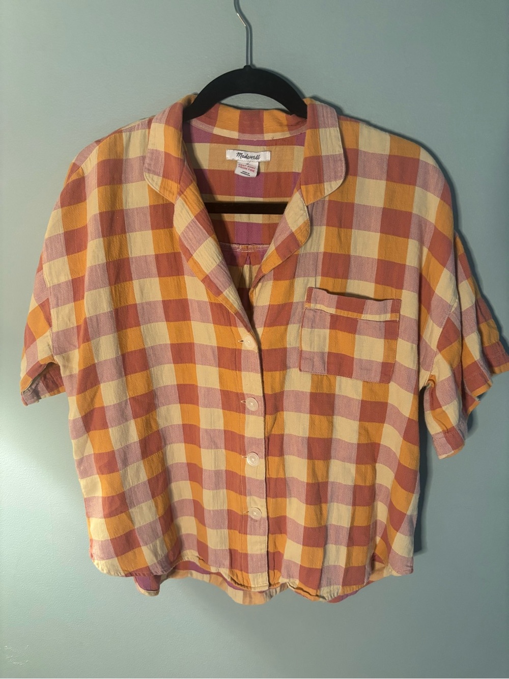 Madewell Gingham Check Short Sleeve Button-Down Courier Blouse Size M